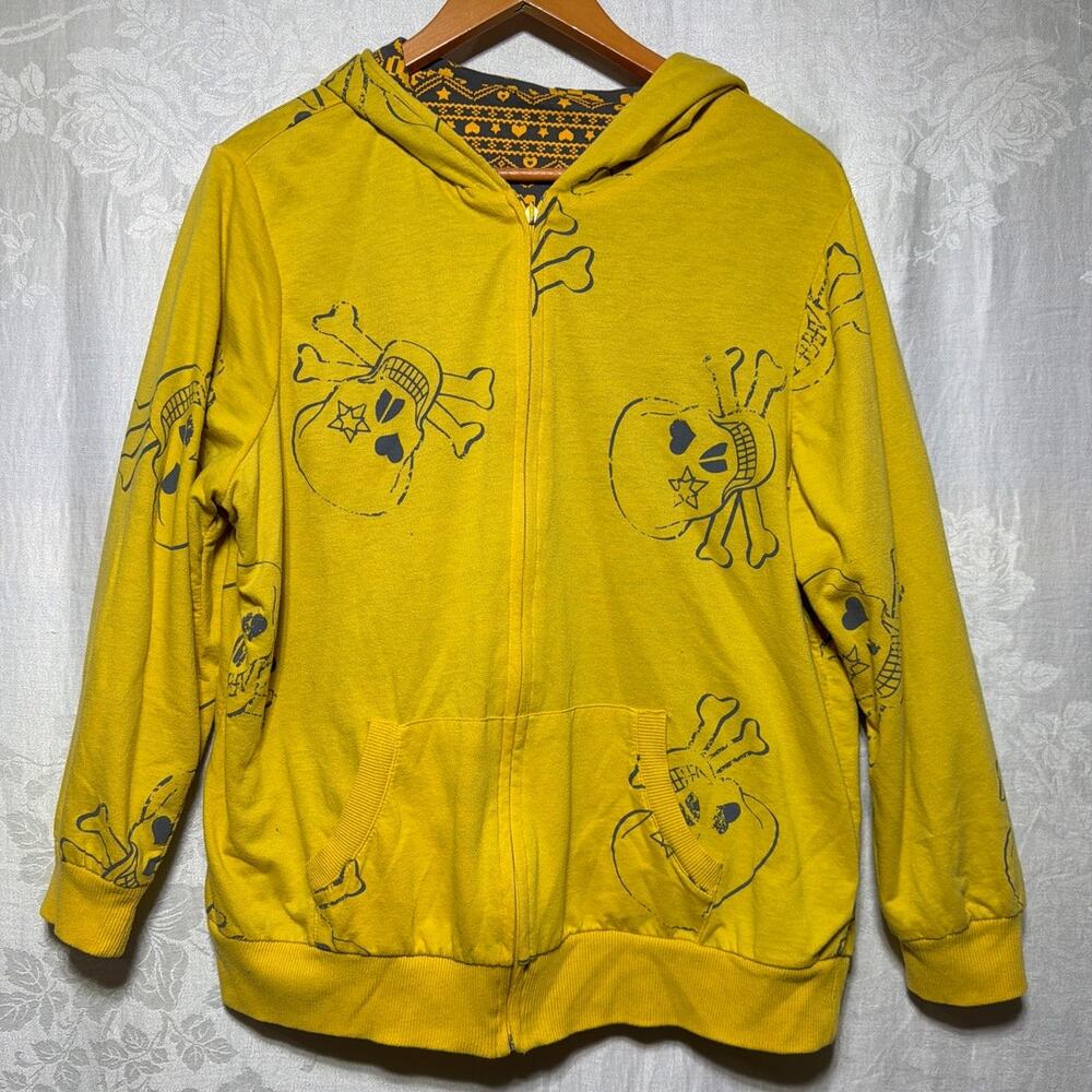 No Boundaries Y2K Skull Hoodie 2X 19 21 Yellow Full Zip Sweatshirt Reversible